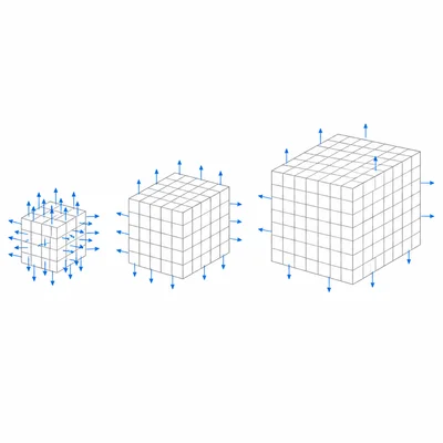 Different-sized cubes illustrate surface area to volume ratio and material exchange.
