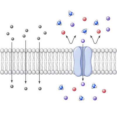 Cell membrane showing some particles passing through while others are blocked.