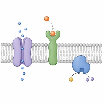 Membrane proteins shown as channel, receptor, and surface enzyme structures.