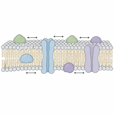 Fluid mosaic membrane with embedded proteins and lateral movement arrows.