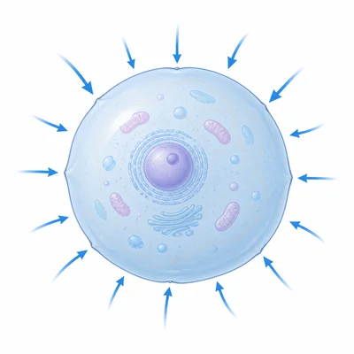 Animal cell swelling as water moves inward from a hypotonic solution.