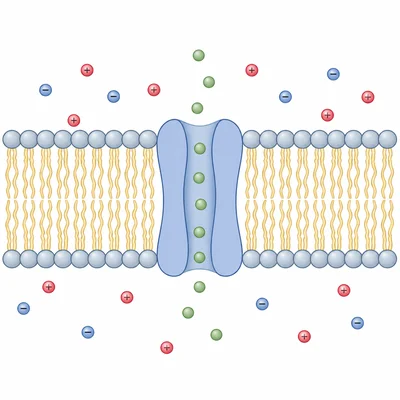 Charged particles blocked by the membrane core but passing through a channel protein.
