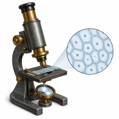 An early microscope viewing a slide with magnified cell-like compartments.