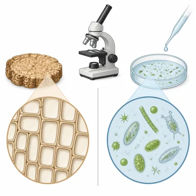 Comparison of cork cell walls and pond water microorganisms seen with a microscope.
