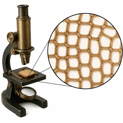 A cork slice under a microscope with a magnified view of empty box-like cork cells.