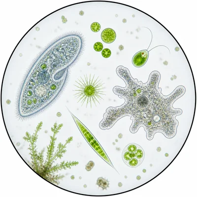 A microscope view of pond water containing tiny microorganisms.