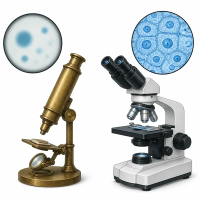 An early microscope and a modern microscope showing blurry versus clearer cell views.