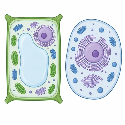 A plant cell and an animal cell shown side by side.