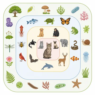Nested taxonomy diagram showing broad groups narrowing to one specific cat.