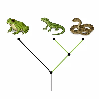 A cladogram showing lizards and snakes sharing a more recent common ancestor than frogs.