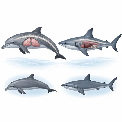 A dolphin and shark look similar outside but show different internal features.