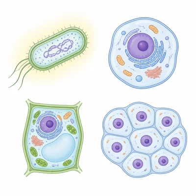 Cell diagrams showing one prokaryotic cell without a nucleus and other cells with nuclei.