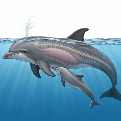 A dolphin with calf, lungs, backbone, and blowhole breathing at the surface.