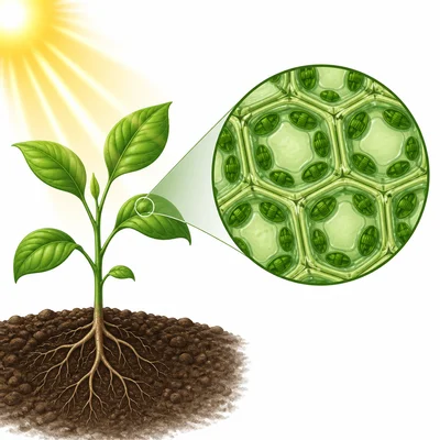 A plant with a magnified view of cells showing cell walls and chloroplasts.