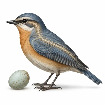 A bird with feathers, wings, a beak, an egg, and a visible backbone.