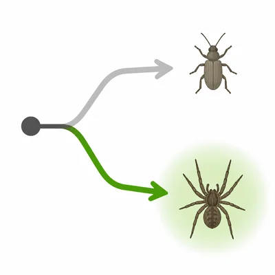 A spider with eight legs follows the non-six-legged path in a simple decision fork.