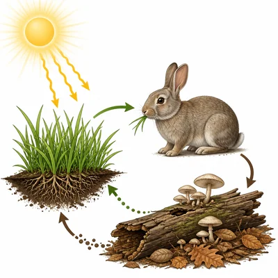 Grass, a rabbit, and mushrooms shown in an ecosystem scene.