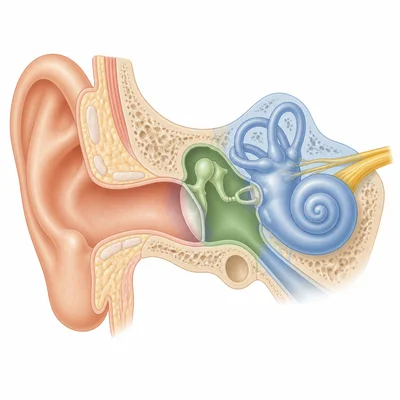Cross-section of the ear with outer, middle, and inner regions shown in different colors.