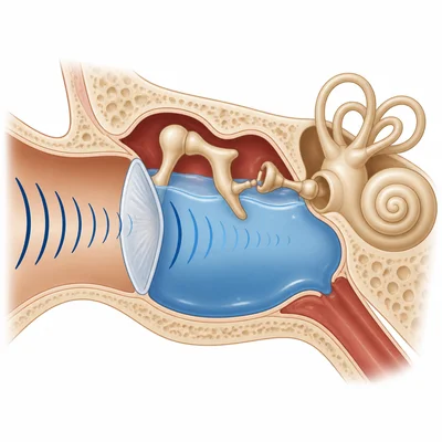 Fluid behind the eardrum in the middle ear can reduce vibration and affect hearing.