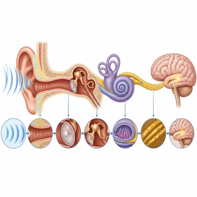 Full hearing pathway from sound waves entering the ear to signals reaching the brain.