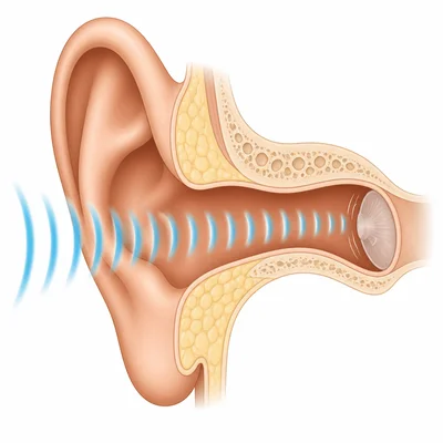 Sound waves travel through the ear canal and make the eardrum vibrate.