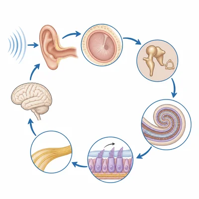 Diagram showing the sequence from sound waves entering the ear to nerve signals reaching the brain.