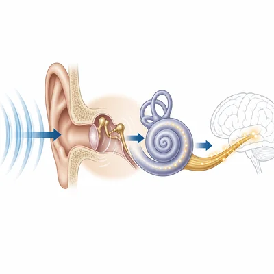 The ear changes sound waves into vibrations and then nerve signals for the brain.