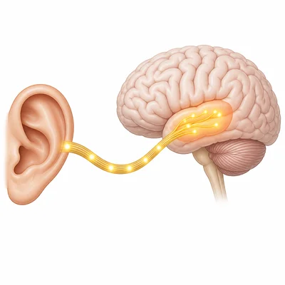 Auditory nerve signals travel from the ear to the brain for interpretation.