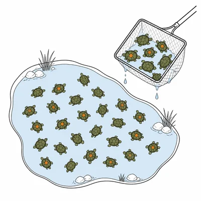 Pond with turtles, some marked, and a net collecting a mixed sample of marked and unmarked turtles.