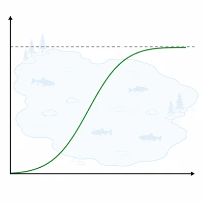 Unlabeled logistic growth graph leveling at a dashed line, with a faint lake and fish in the background.