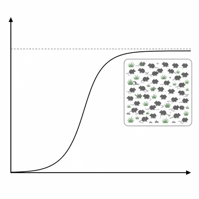 Logistic growth curve flattening near a dashed line with an inset showing crowded animals and limited grass.