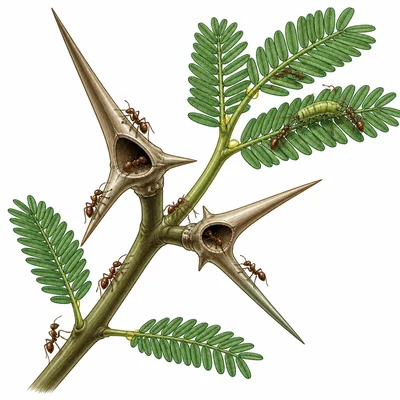 Ants living on an acacia branch with hollow thorns and defending it from an insect.