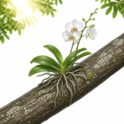 An orchid growing on a tree branch without taking nutrients from the tree.
