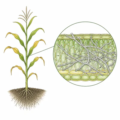 A fungus infecting a crop plant, with yellow leaves and fungal threads in plant tissue.