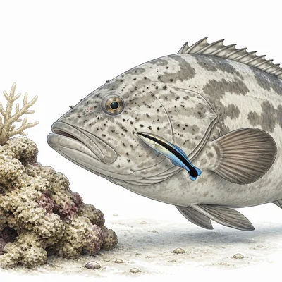 A cleaner fish removing parasites from a larger reef fish.