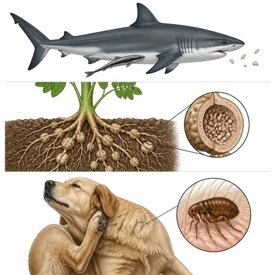 Three symbiotic interactions: remora on shark, bacteria in legume root nodules, and flea on dog.