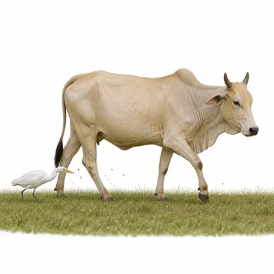 A cattle egret following a grazing cow and eating insects stirred from the grass.