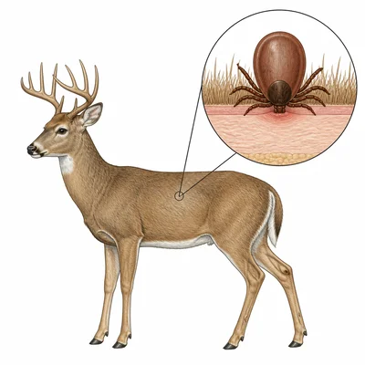 A tick attached to a deer, shown with a close-up of the tick feeding on the skin.