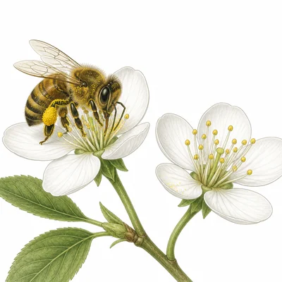 A bee collecting nectar and pollen from flowers, showing pollen transfer between plants.
