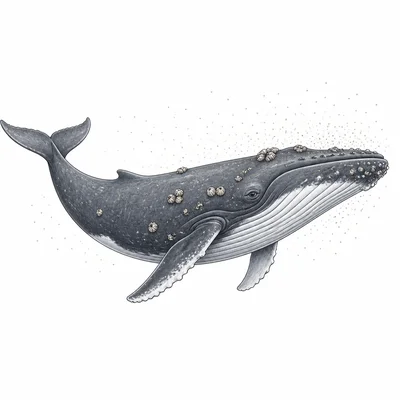 Barnacles attached to a whale as it swims through plankton-rich water.