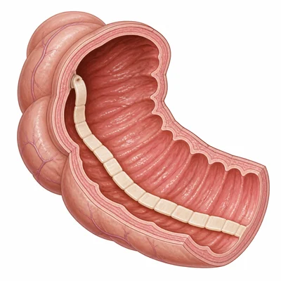 A tapeworm living inside a simplified human intestine.