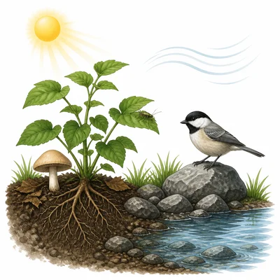 A simple ecosystem showing plants, animals, fungi, water, rocks, sunlight, and soil.