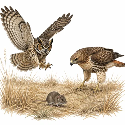 An owl and a hawk hunting the same mouse in a field.