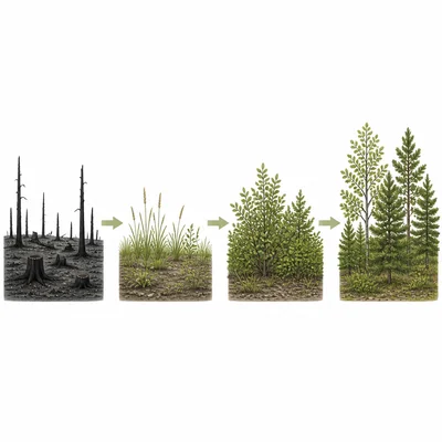 A sequence showing plants returning after a forest fire, from grasses to shrubs to young trees.