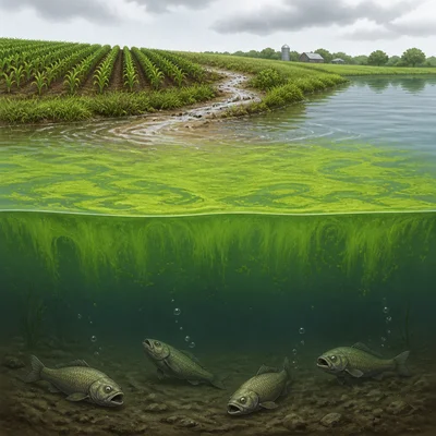 Fertilizer runoff entering water, causing algae growth and harming fish.