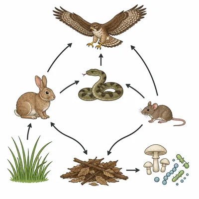 A food web with grass, rabbits, mice, snakes, hawks, and decomposers.