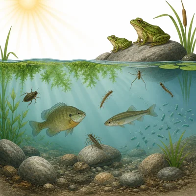 A pond ecosystem with frogs, fish, algae, insects, rocks, water, sunlight, and bacteria.