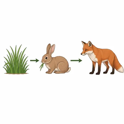 A food chain showing grass, a rabbit, and a fox with arrows between them.