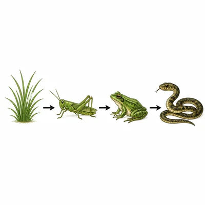 A four-step food chain showing a plant, grasshopper, frog, and snake.