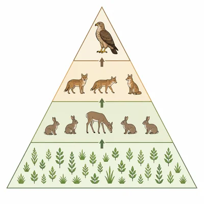 An energy pyramid with many producers at the bottom and fewer consumers in higher levels.